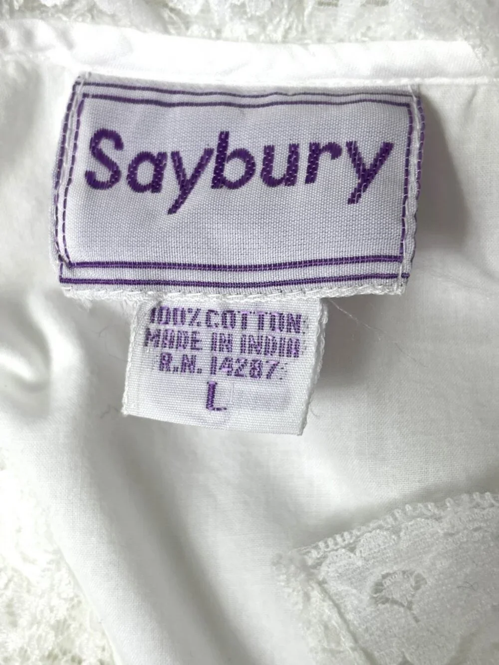 VTG Saybury Boho Cottage white 100% cotton embroidered lacey nightgown Sz L